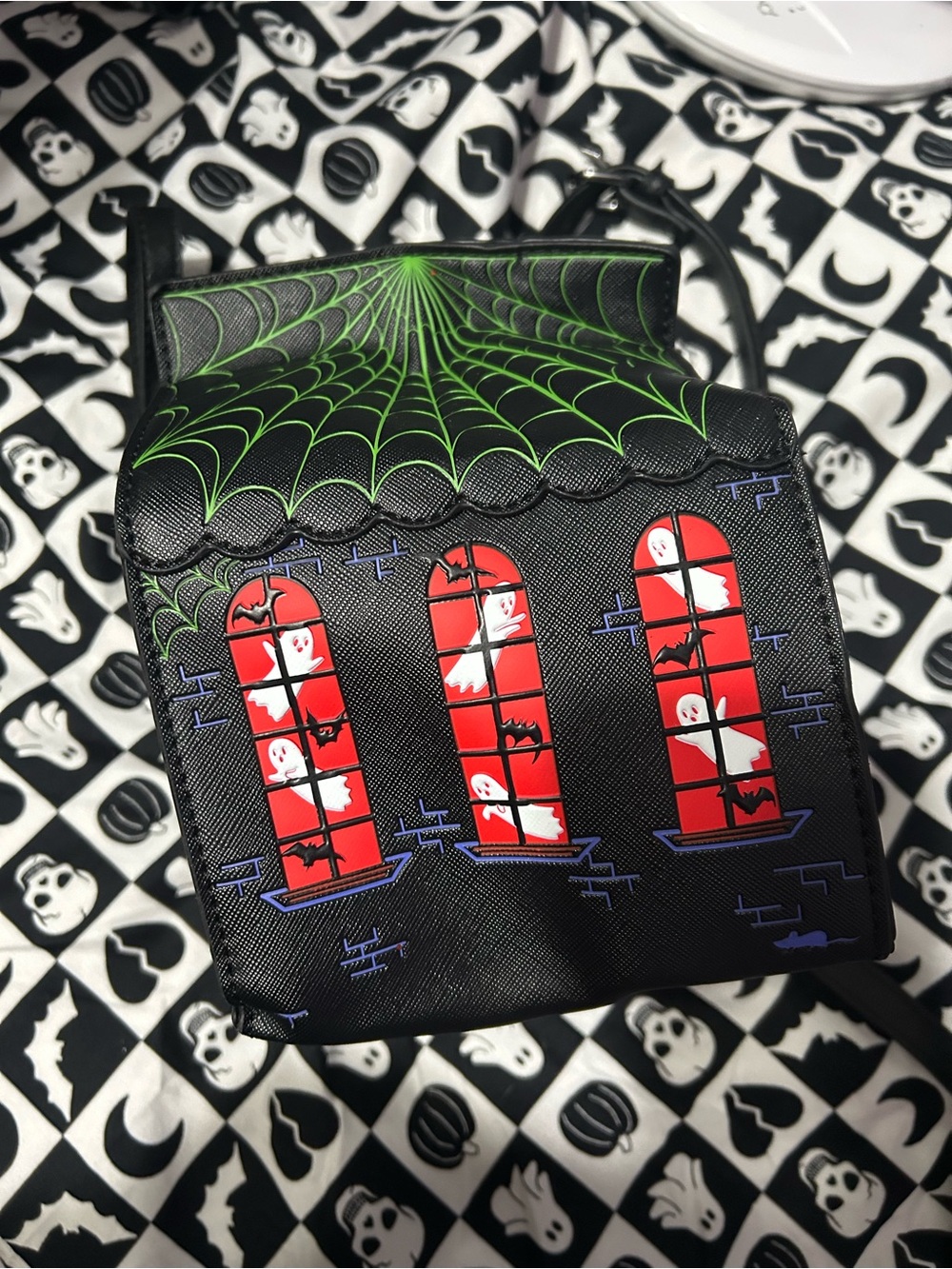 New Halloween Black Spooky Window Haunted House crossbody Bag Neon Green Spiderw